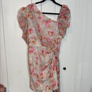 PrettyLittleThing Asymmetrical Floral Dress - Pink and Cream - US12